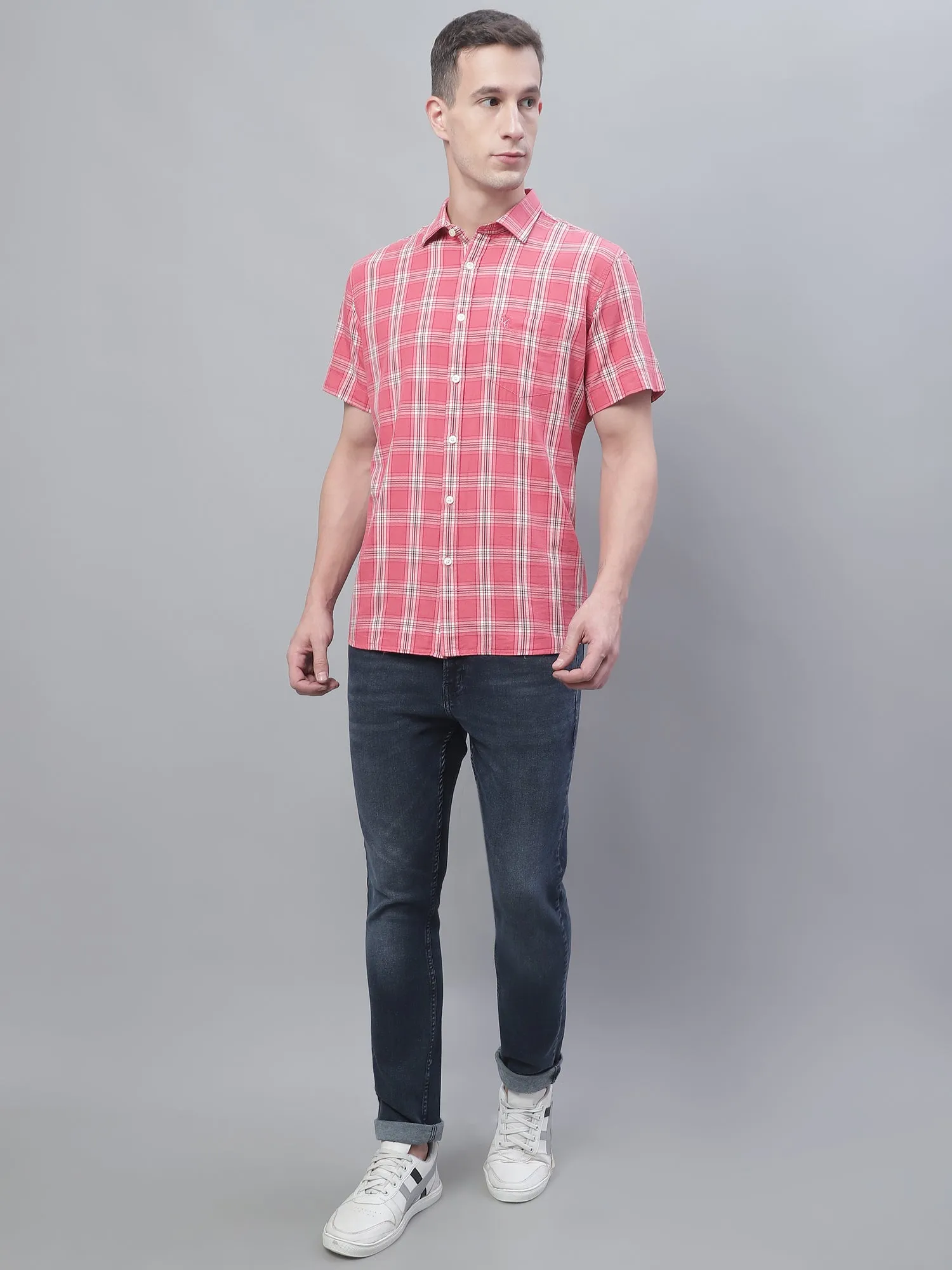 Cantabil Cotton Checkered Pink Half Sleeve Casual Shirt for Men with Pocket