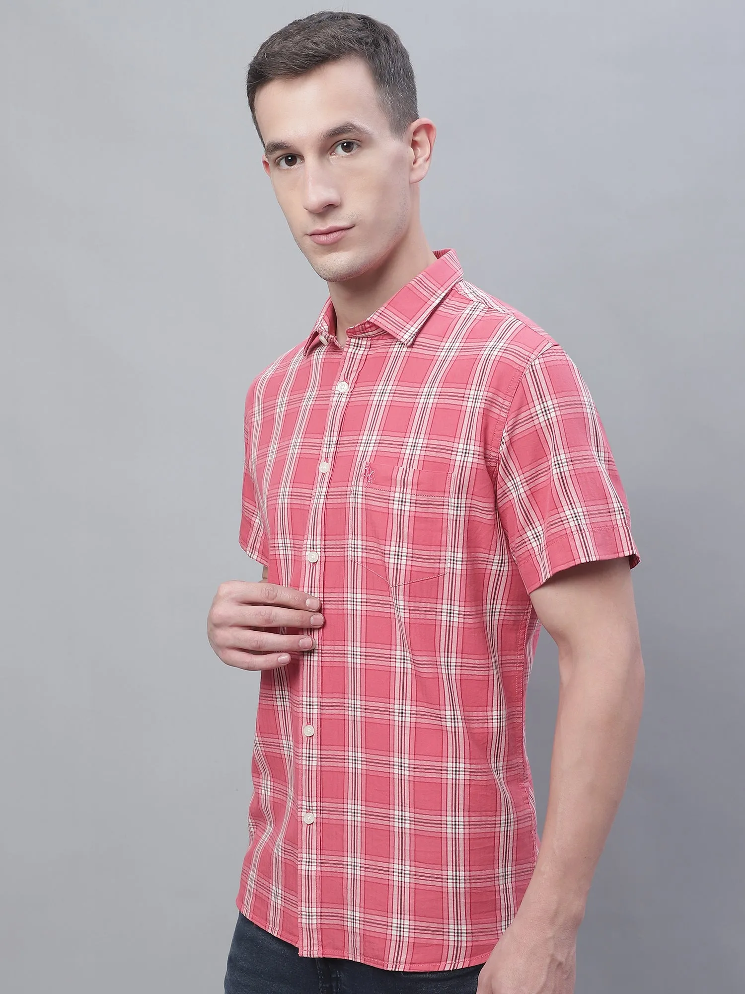 Cantabil Cotton Checkered Pink Half Sleeve Casual Shirt for Men with Pocket