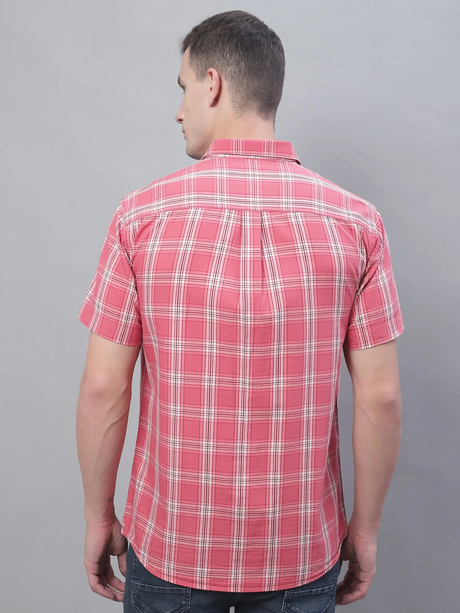 Cantabil Cotton Checkered Pink Half Sleeve Casual Shirt for Men with Pocket