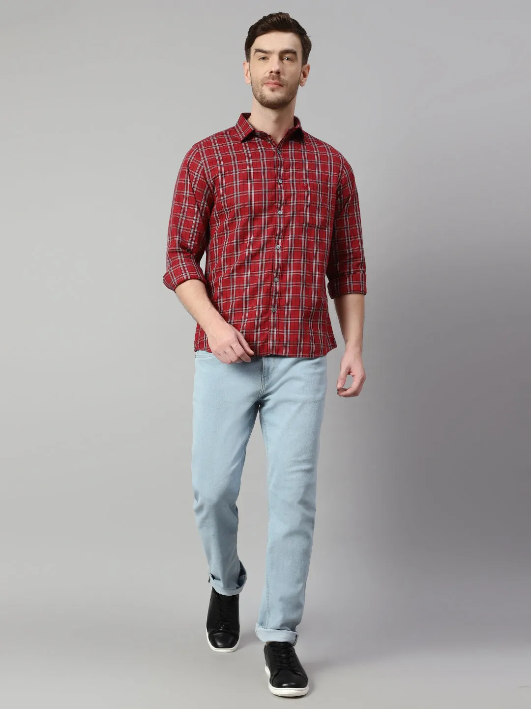 Cantabil Cotton Checkered Red Full Sleeve Casual Shirt for Men with Pocket