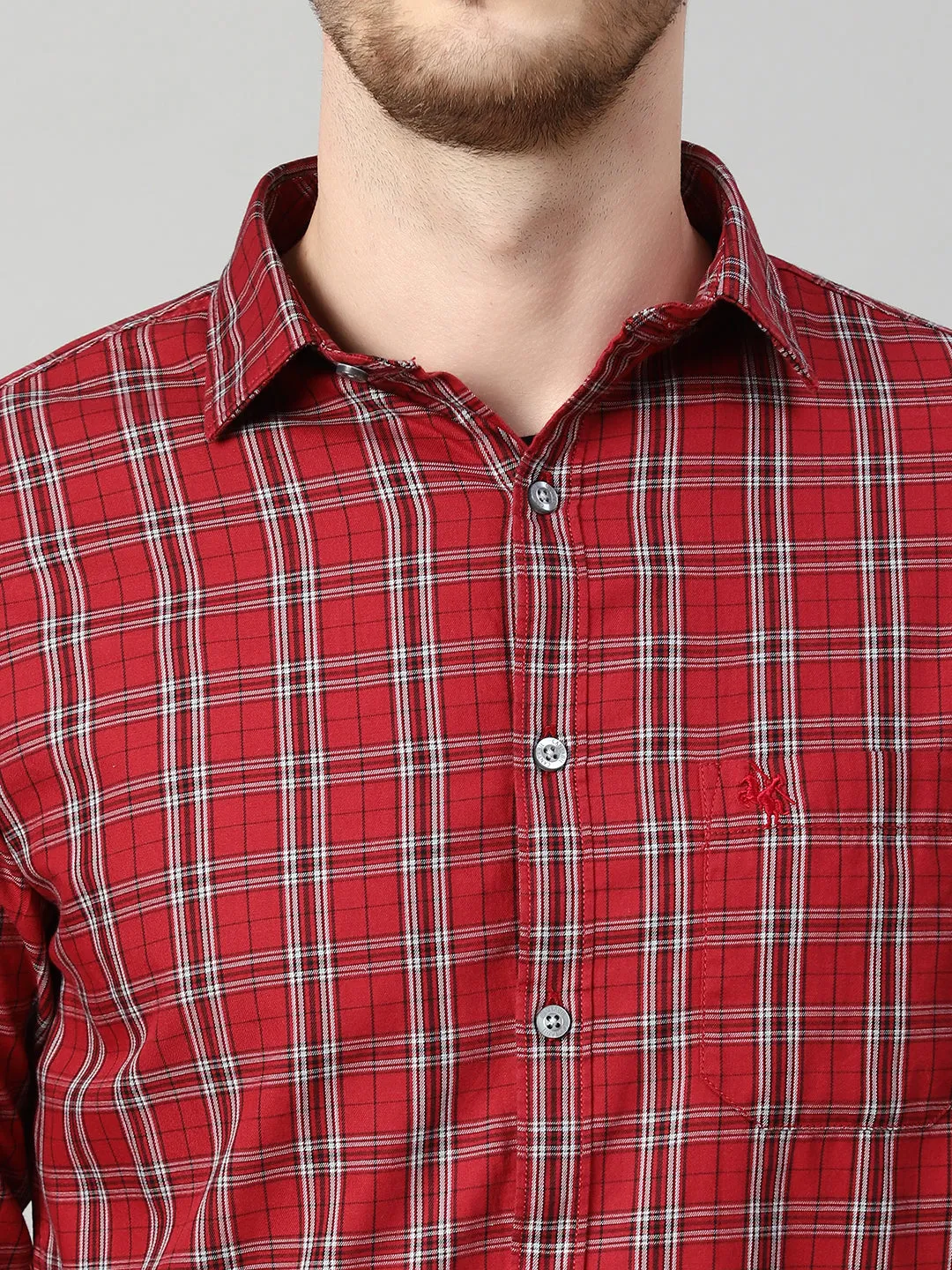 Cantabil Cotton Checkered Red Full Sleeve Casual Shirt for Men with Pocket