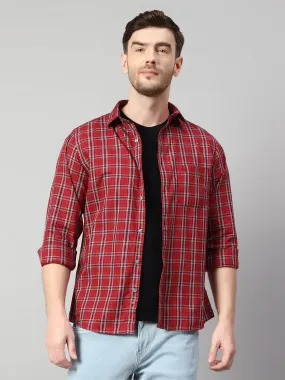 Cantabil Cotton Checkered Red Full Sleeve Casual Shirt for Men with Pocket