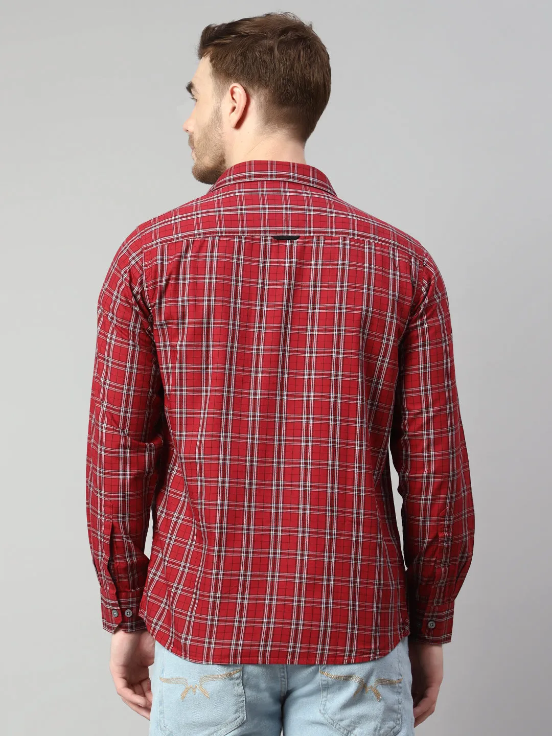 Cantabil Cotton Checkered Red Full Sleeve Casual Shirt for Men with Pocket