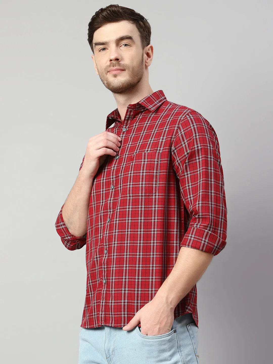 Cantabil Cotton Checkered Red Full Sleeve Casual Shirt for Men with Pocket