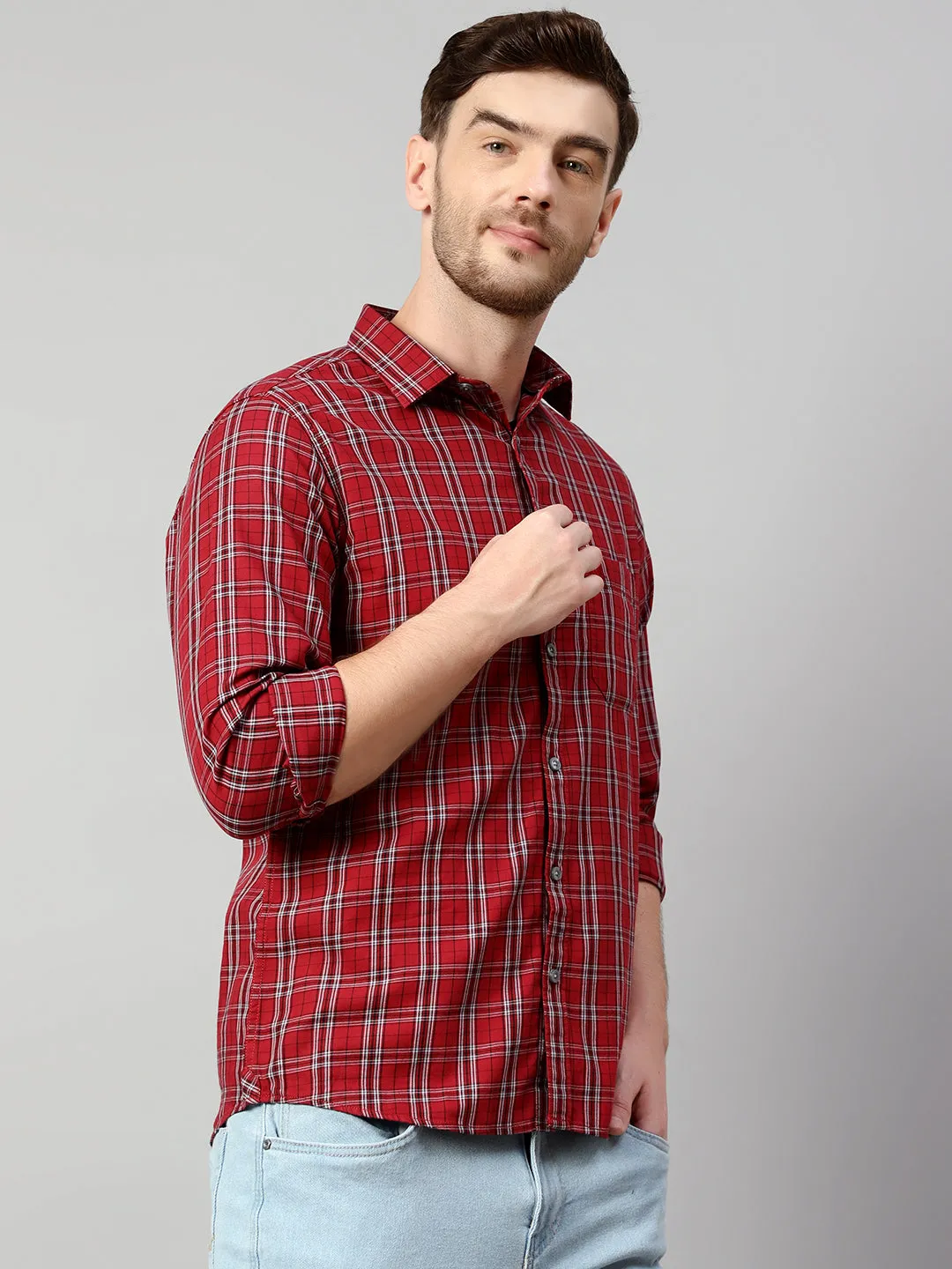 Cantabil Cotton Checkered Red Full Sleeve Casual Shirt for Men with Pocket