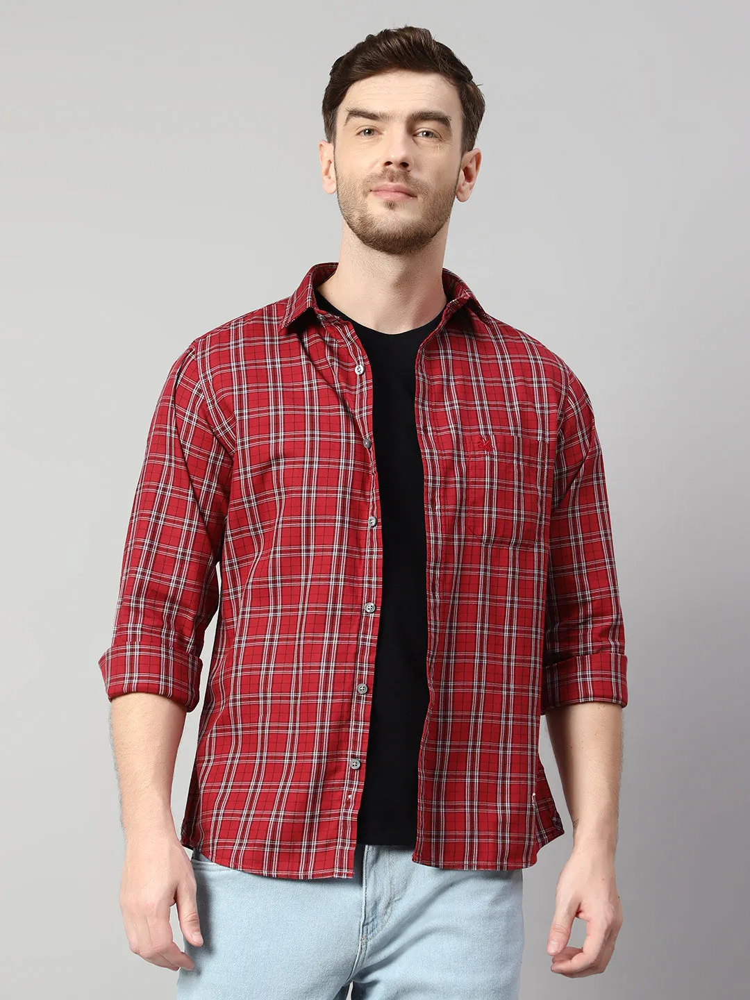 Cantabil Cotton Checkered Red Full Sleeve Casual Shirt for Men with Pocket