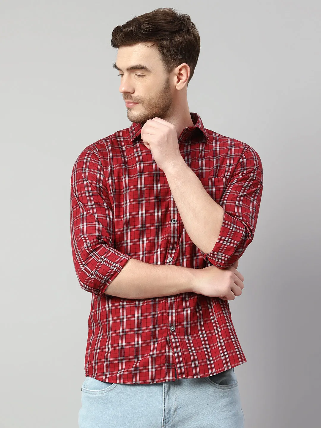 Cantabil Cotton Checkered Red Full Sleeve Casual Shirt for Men with Pocket