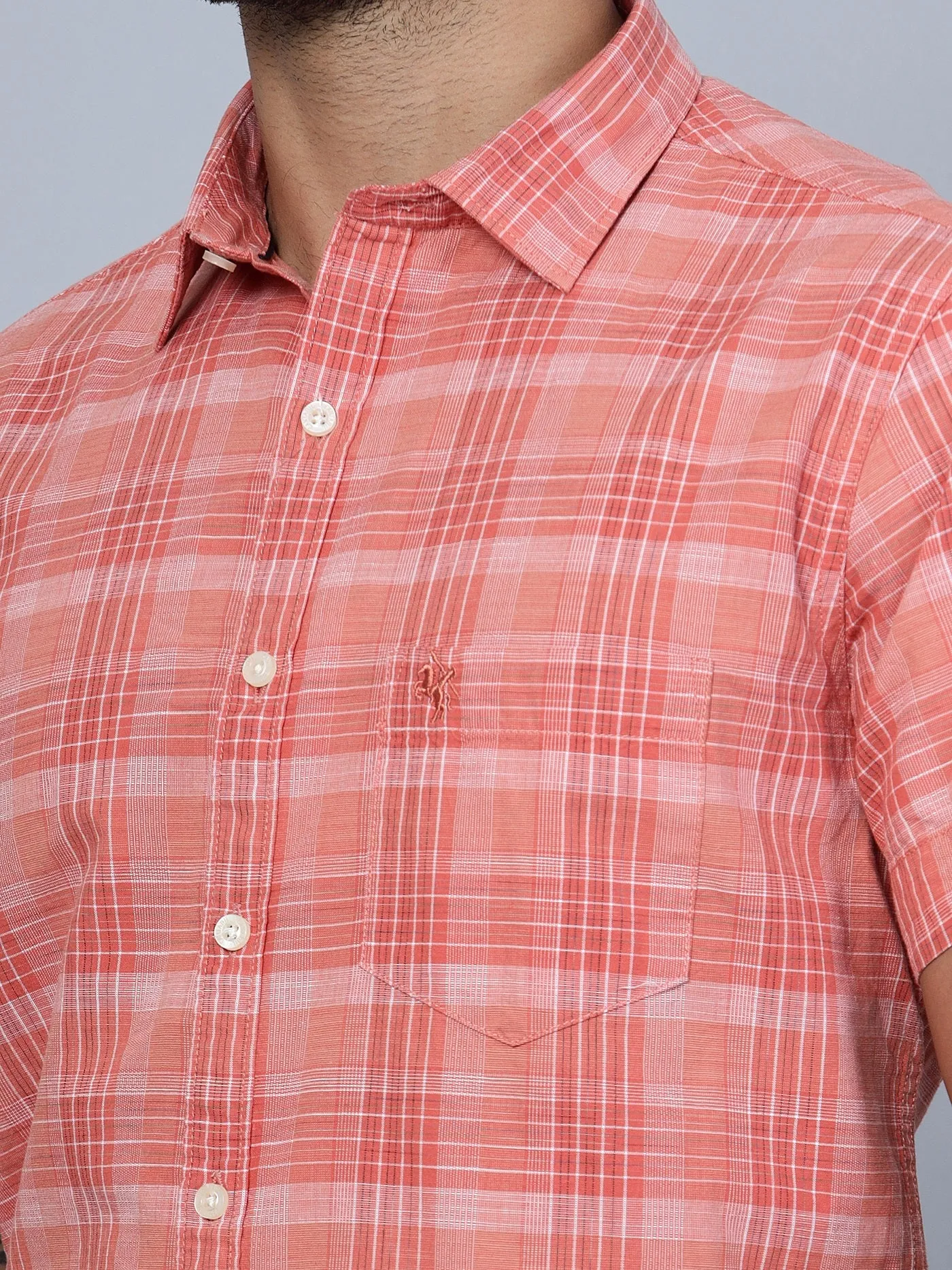 Cantabil Cotton Checkered Red Half Sleeve Casual Shirt for Men with Pocket