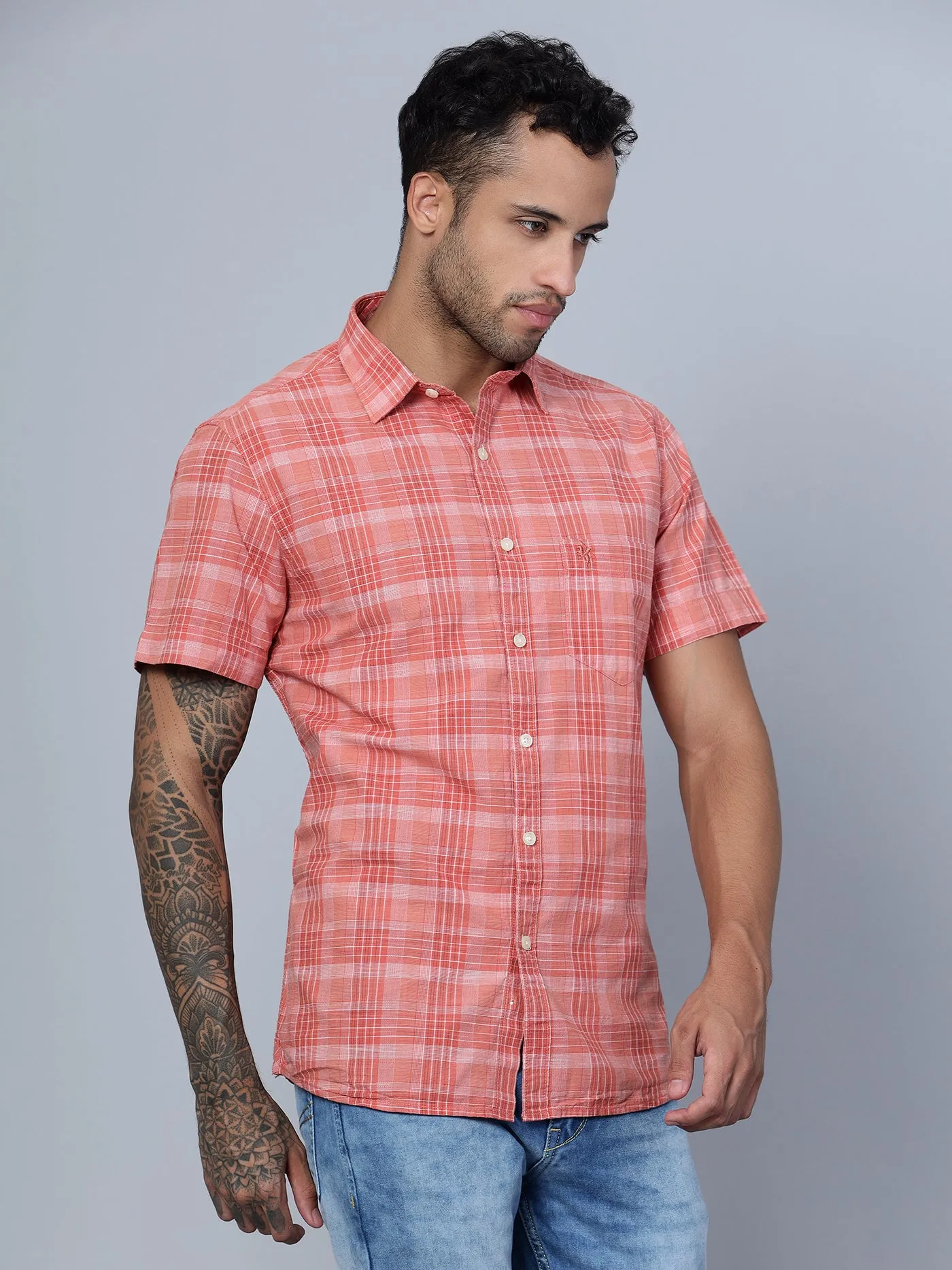 Cantabil Cotton Checkered Red Half Sleeve Casual Shirt for Men with Pocket