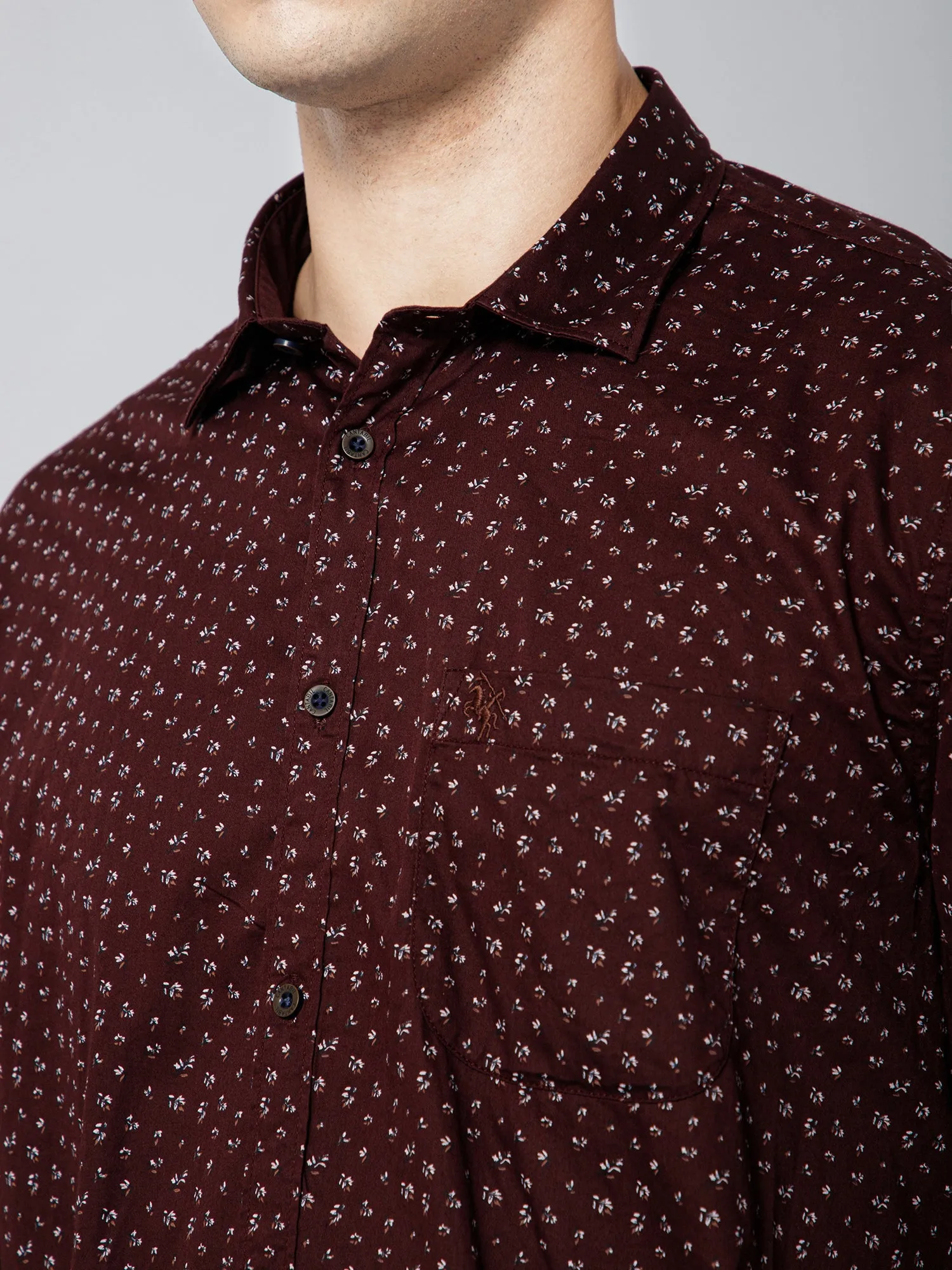 Cantabil Cotton Floral Printed Full Sleeve Regular Fit Brown Casual Shirt for Men with Pocket