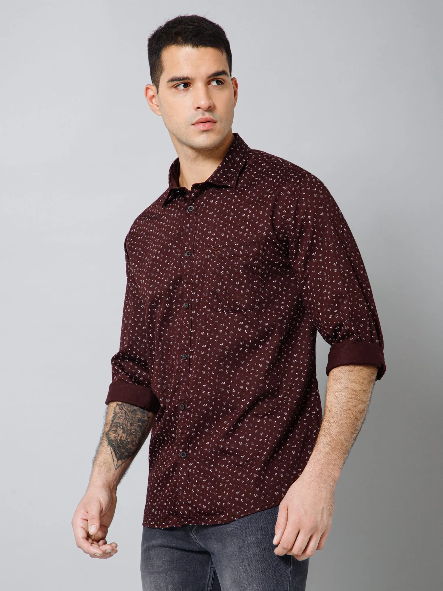 Cantabil Cotton Floral Printed Full Sleeve Regular Fit Brown Casual Shirt for Men with Pocket