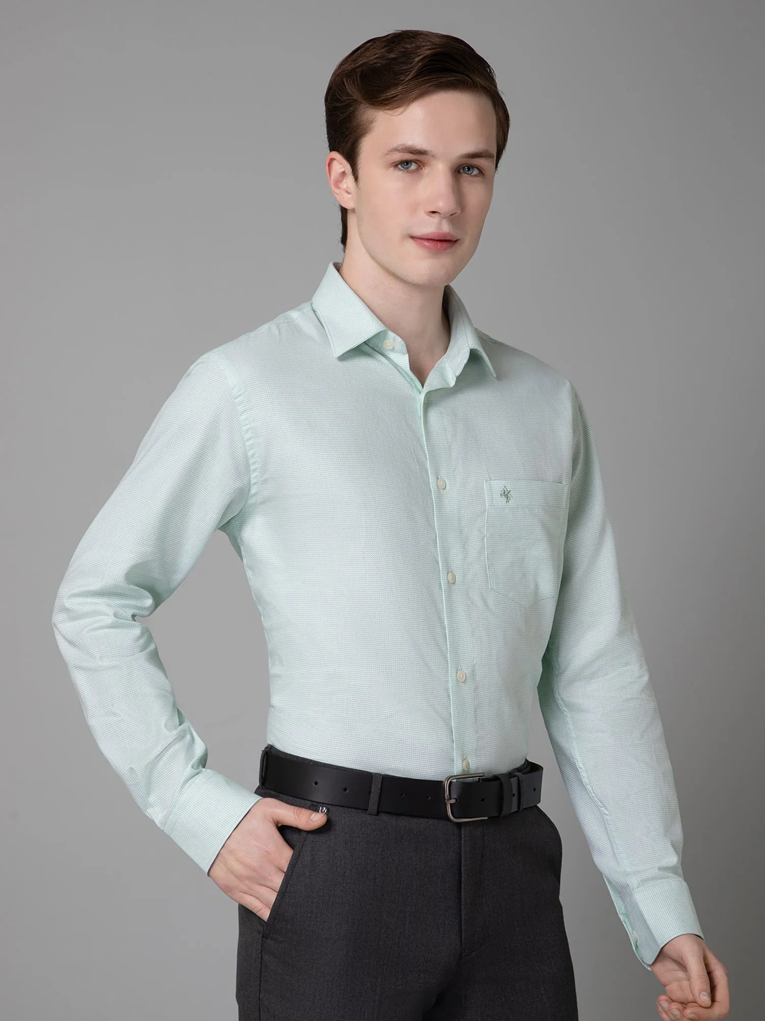 Cantabil Cotton Light Green Self-Design Full Sleeve Regular Fit Formal Shirt for Men with Pocket