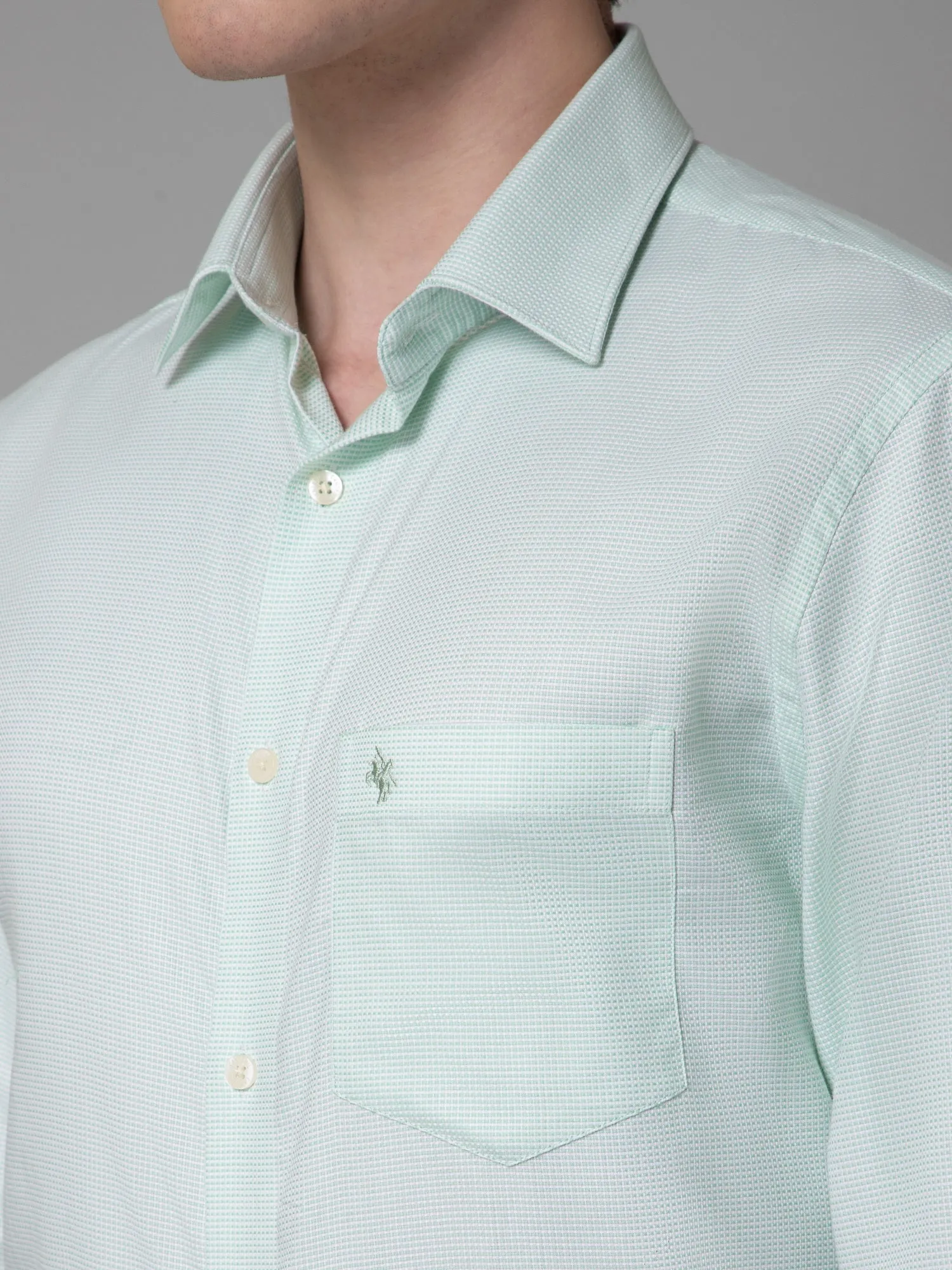 Cantabil Cotton Light Green Self-Design Full Sleeve Regular Fit Formal Shirt for Men with Pocket