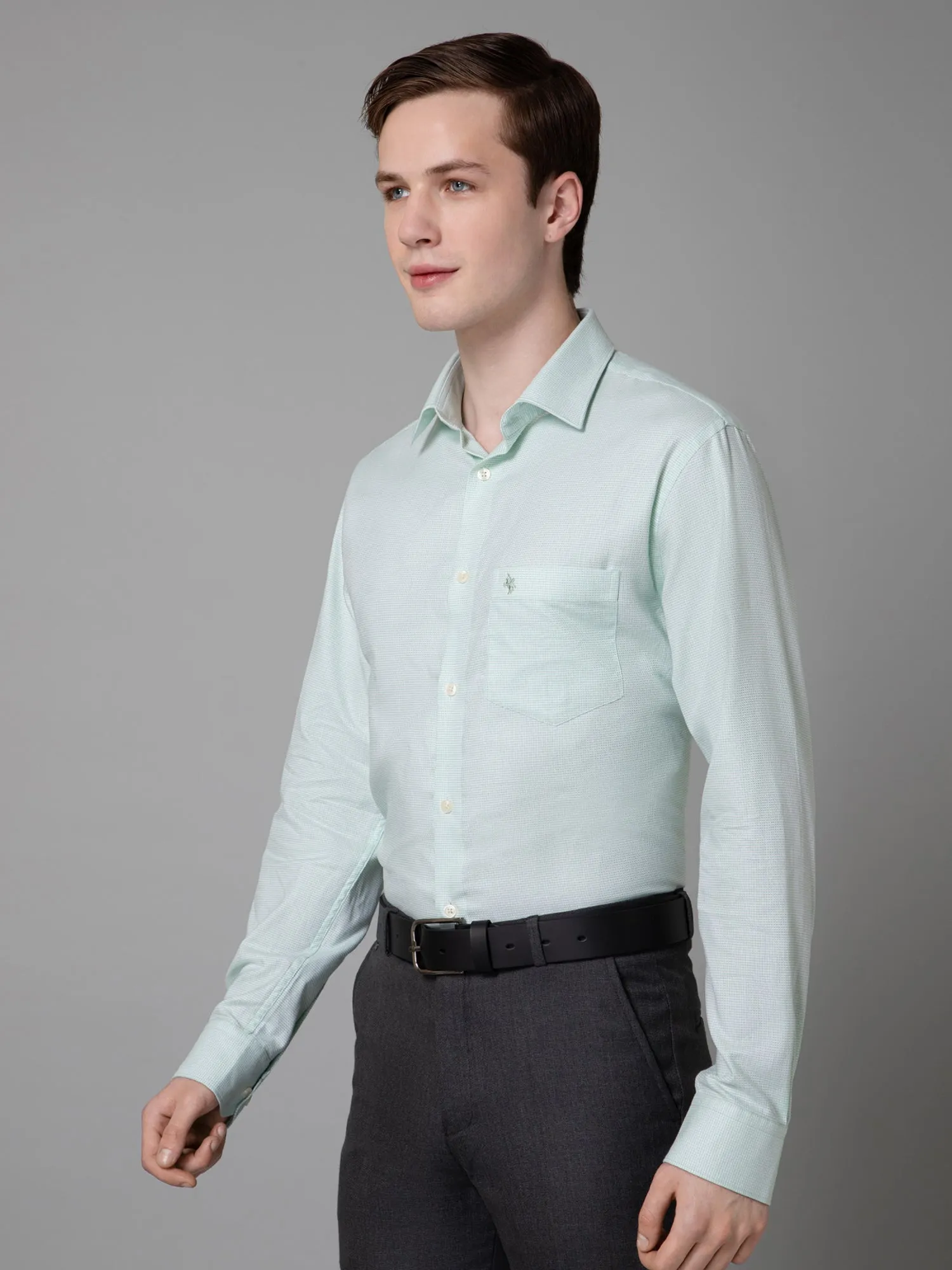 Cantabil Cotton Light Green Self-Design Full Sleeve Regular Fit Formal Shirt for Men with Pocket