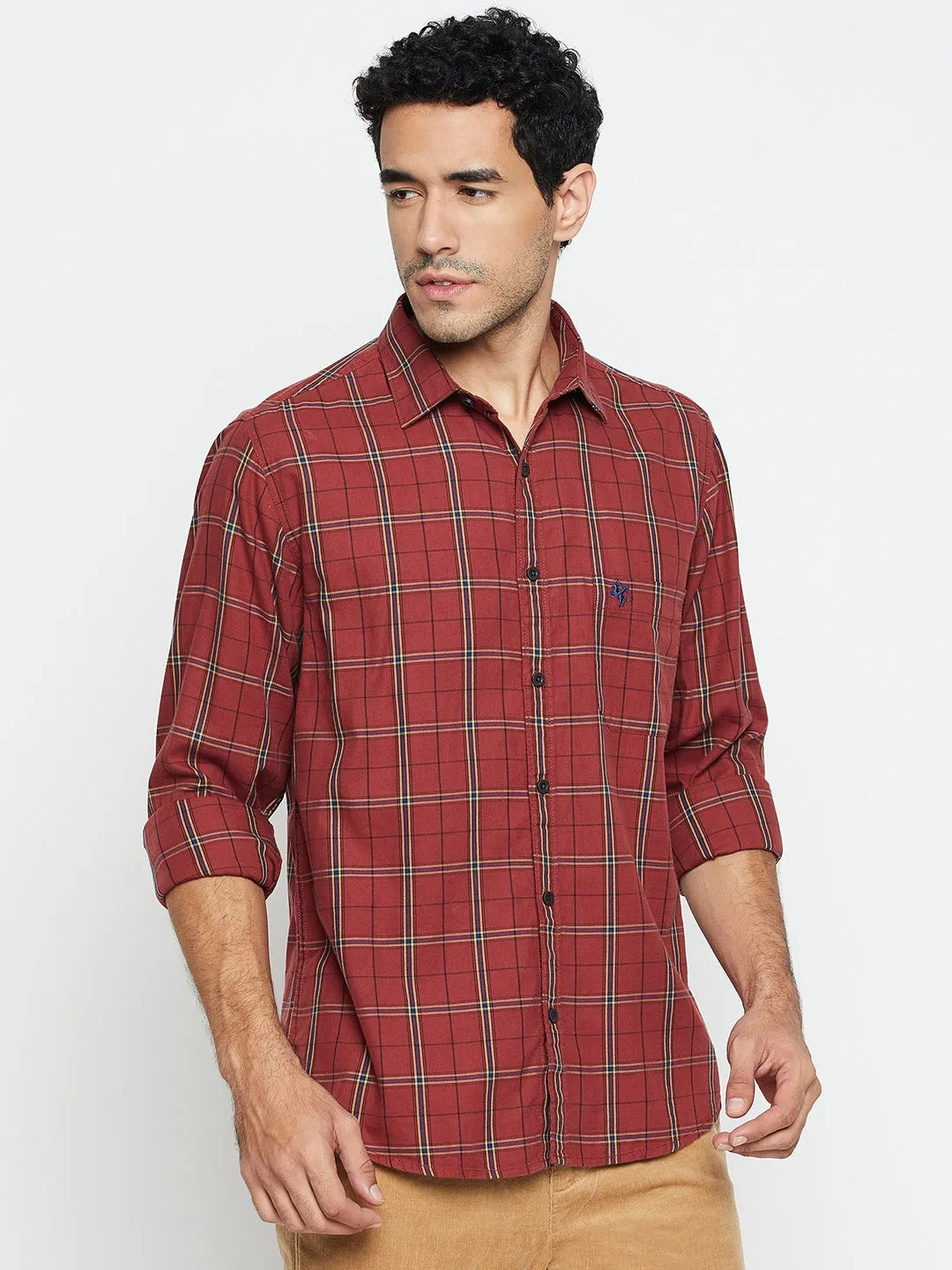 Cantabil Cotton Maroon Checkered Full Sleeve Regular Fit Casual Shirt for Men with Pocket