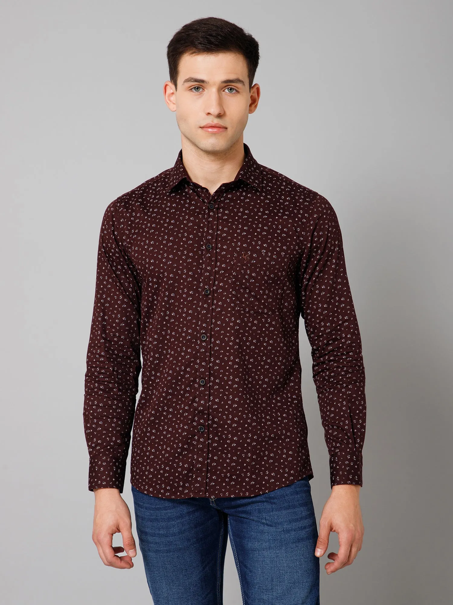 Cantabil Cotton Micro Printed Full Sleeve Regular Fit Brown Casual Shirt for Men with Pocket