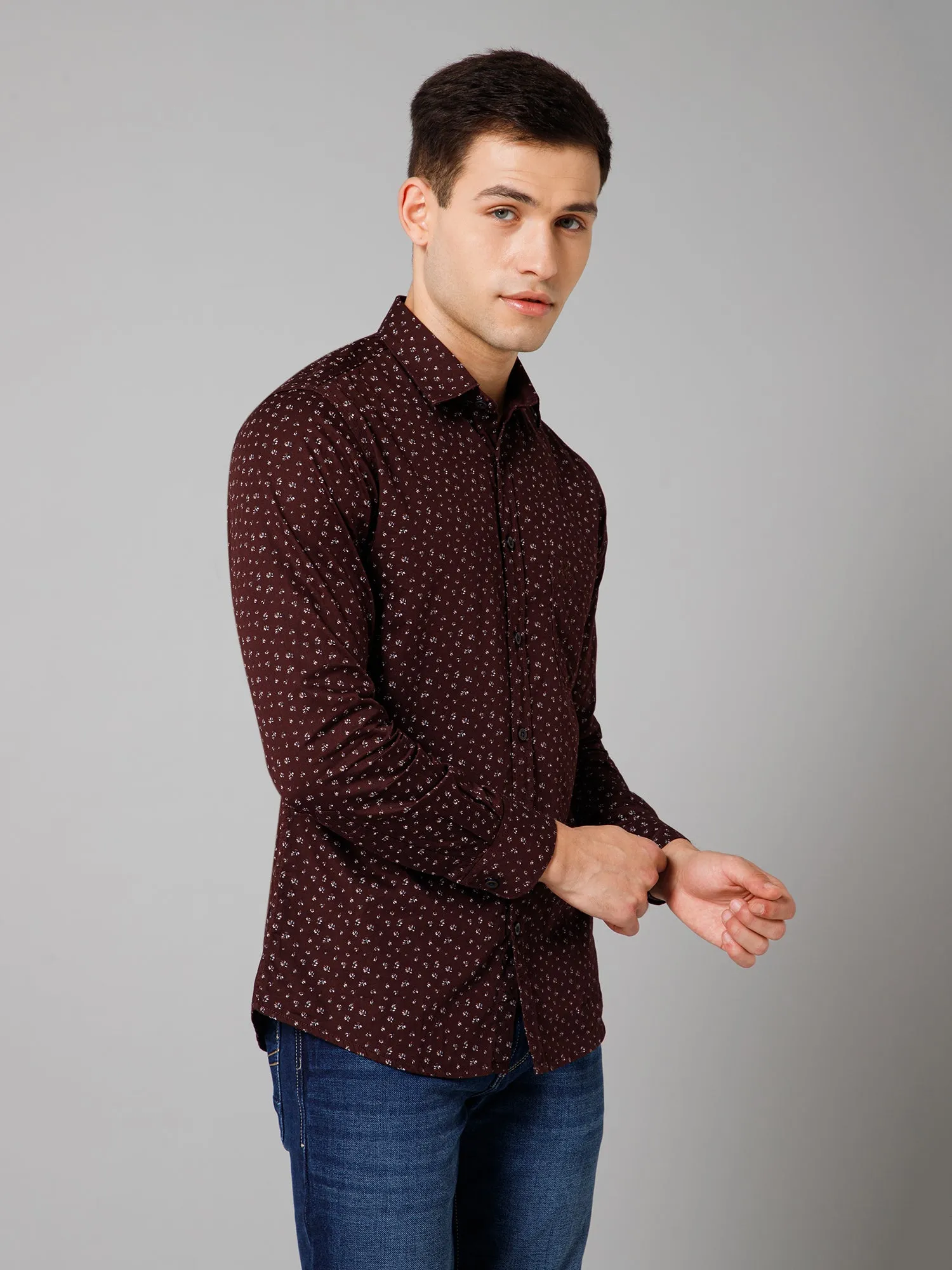 Cantabil Cotton Micro Printed Full Sleeve Regular Fit Brown Casual Shirt for Men with Pocket