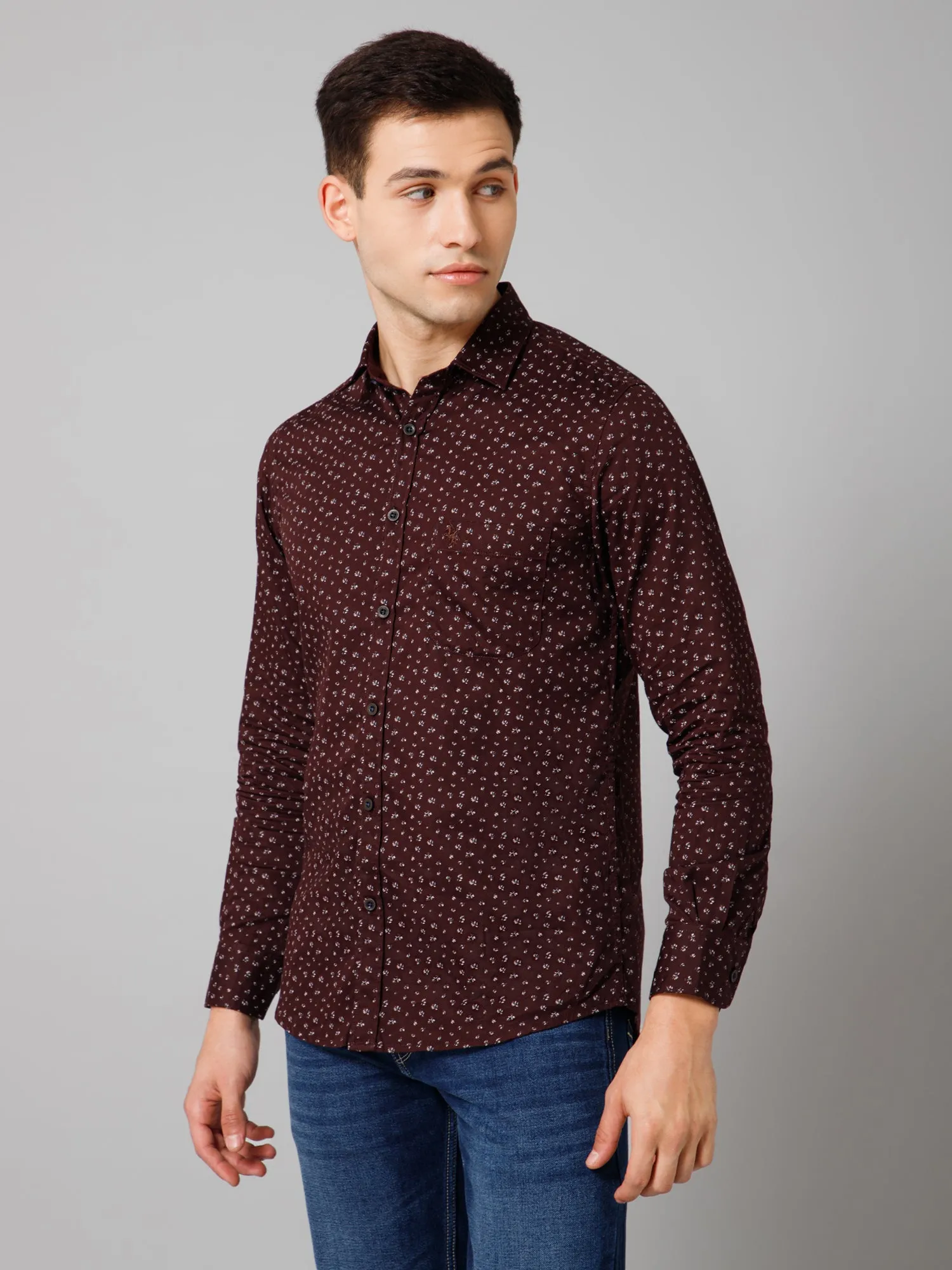 Cantabil Cotton Micro Printed Full Sleeve Regular Fit Brown Casual Shirt for Men with Pocket