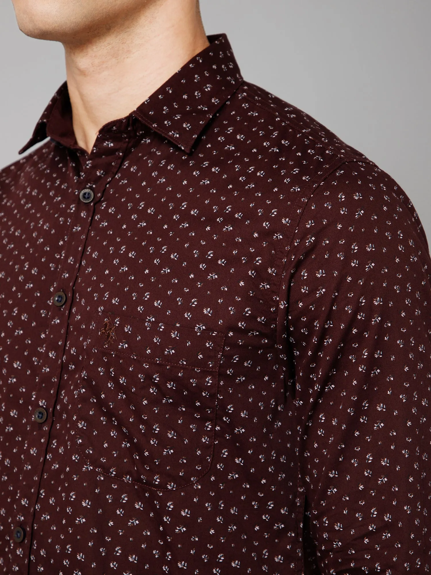 Cantabil Cotton Micro Printed Full Sleeve Regular Fit Brown Casual Shirt for Men with Pocket