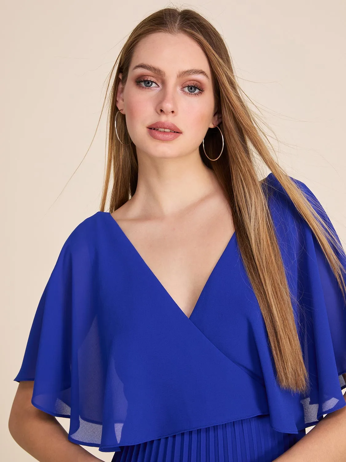 Cape Sleeve Pleated Chiffon Midi Dress