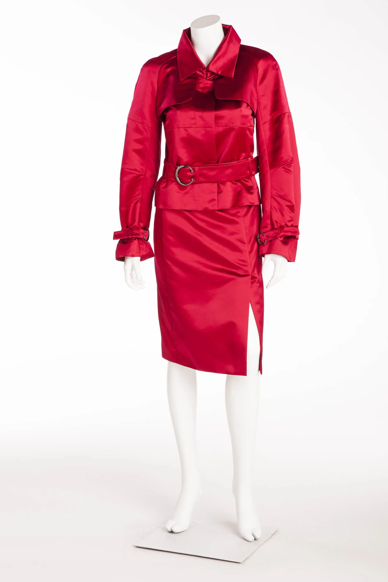 Celine - 2PC Red Satin Blazer with Belt and Skirt - FR 38