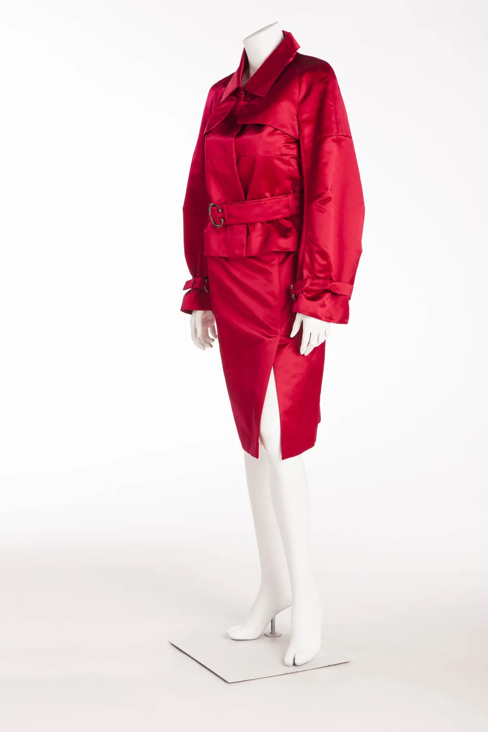 Celine - 2PC Red Satin Blazer with Belt and Skirt - FR 38