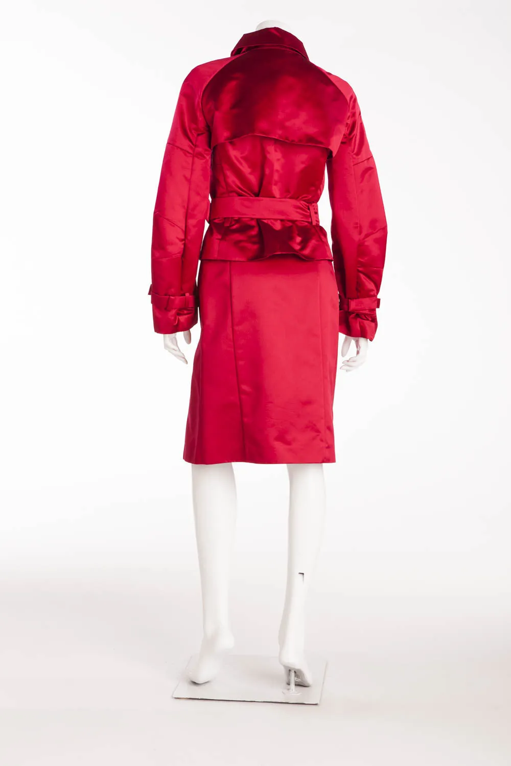 Celine - 2PC Red Satin Blazer with Belt and Skirt - FR 38