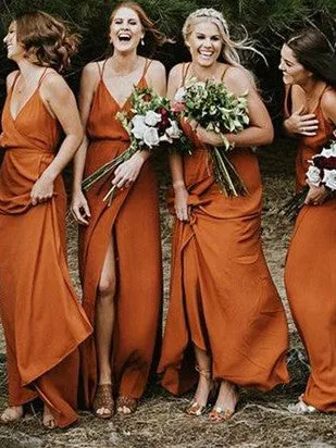 Charming Filament Spaghetti Straps A-line Bridesmaid Dresses With Slit BD109