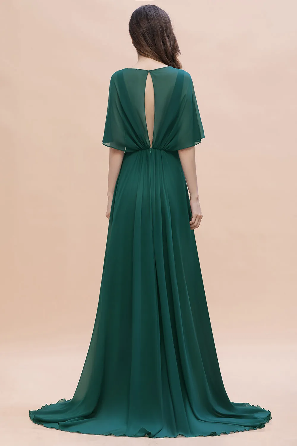 Charming Long A-line V-neck Chiffon Bridesmaid Dress With Sleeves