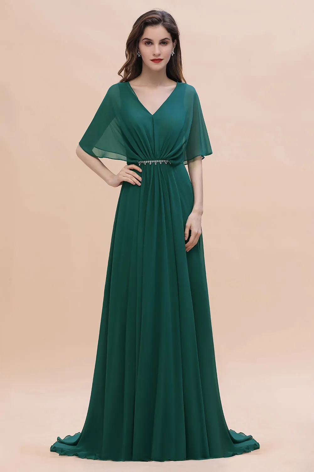 Charming Long A-line V-neck Chiffon Bridesmaid Dress With Sleeves