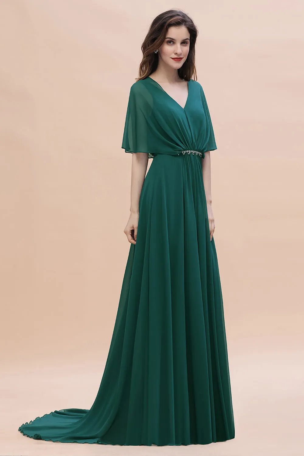 Charming Long A-line V-neck Chiffon Bridesmaid Dress With Sleeves