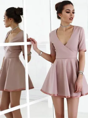 Chic Satin V-neck Neckline Short Sleeves A-line Cocktail Dresses CD068