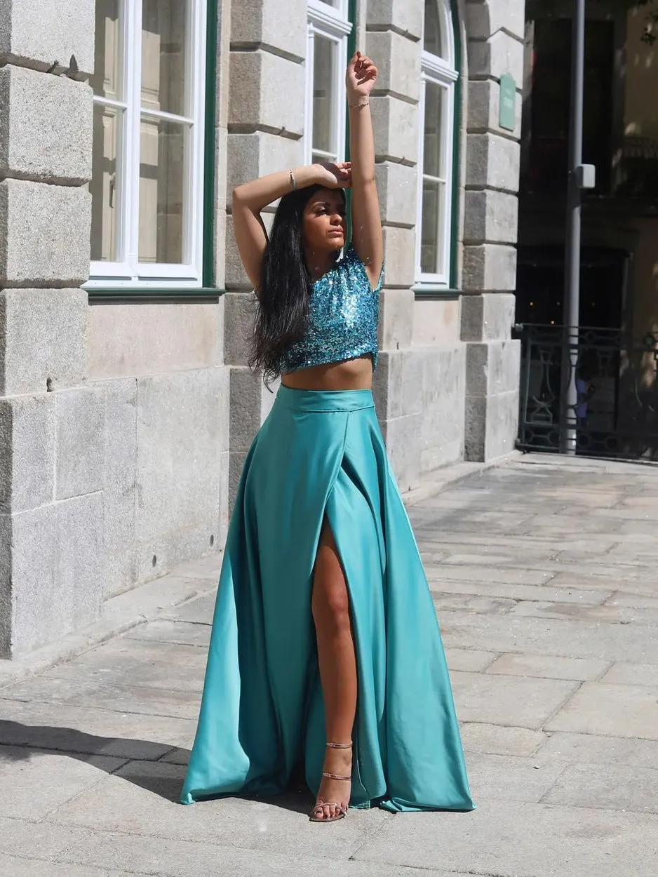 Chic Sequins Satin Floor-length Two-piece A-line Prom Dresses PD605