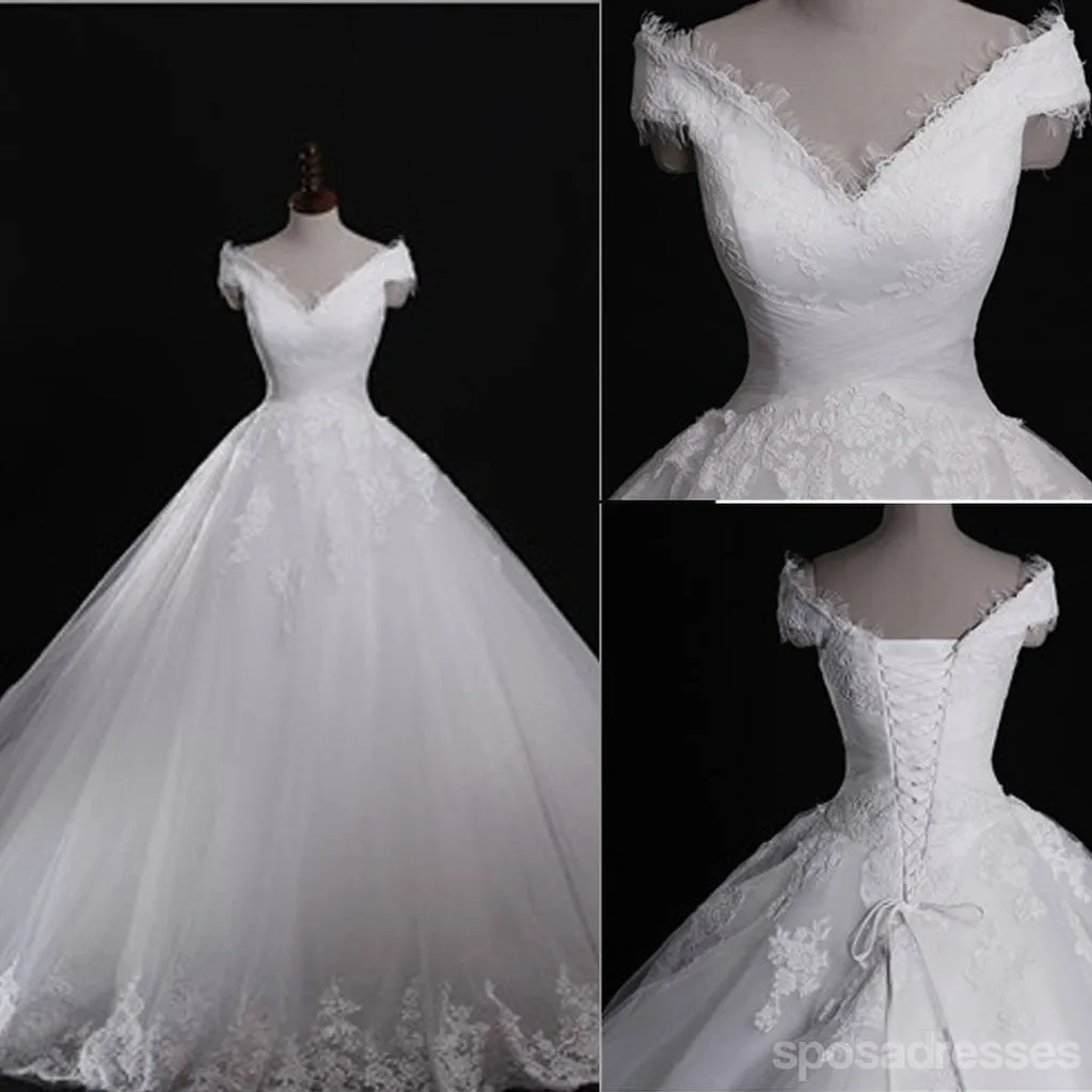 Classic Style Off Shoulder Lace Up Vantage Lace Wedding Dresses, WD0180