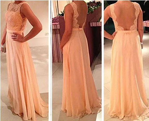 Custom Made A Line Backless Long Lace Prom Dresses, Lace Bridesmaid Dresses, Long Lace Formal Dresses