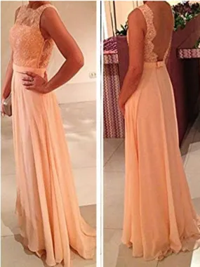 Custom Made A Line Backless Long Lace Prom Dresses, Lace Bridesmaid Dresses, Long Lace Formal Dresses