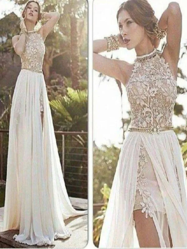 Custom Made A Line High Neck Ivory Long Lace Prom Dresses, Long Formal Dresses