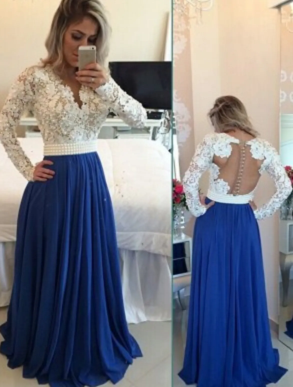 Custom Made A Line Long Sleeves White and Blue Lace Prom Dresses, Lace Formal Dresses