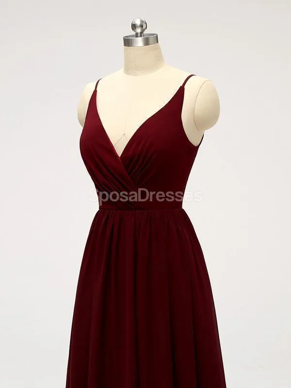 Dark Red Spaghetti Straps Chiffon Open Back Cheap Bridesmaid Dresses, WG584