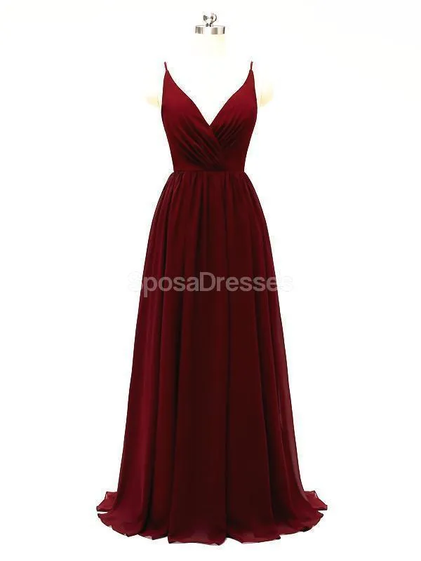 Dark Red Spaghetti Straps Chiffon Open Back Cheap Bridesmaid Dresses, WG584