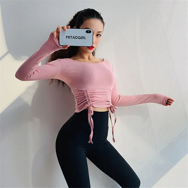 Drawstring Yoga Top Reversible Workout Jersey  Sports Wear For Women Gym Fitness Strap Sport Crop Top Long Sleeve Yoga Shirts