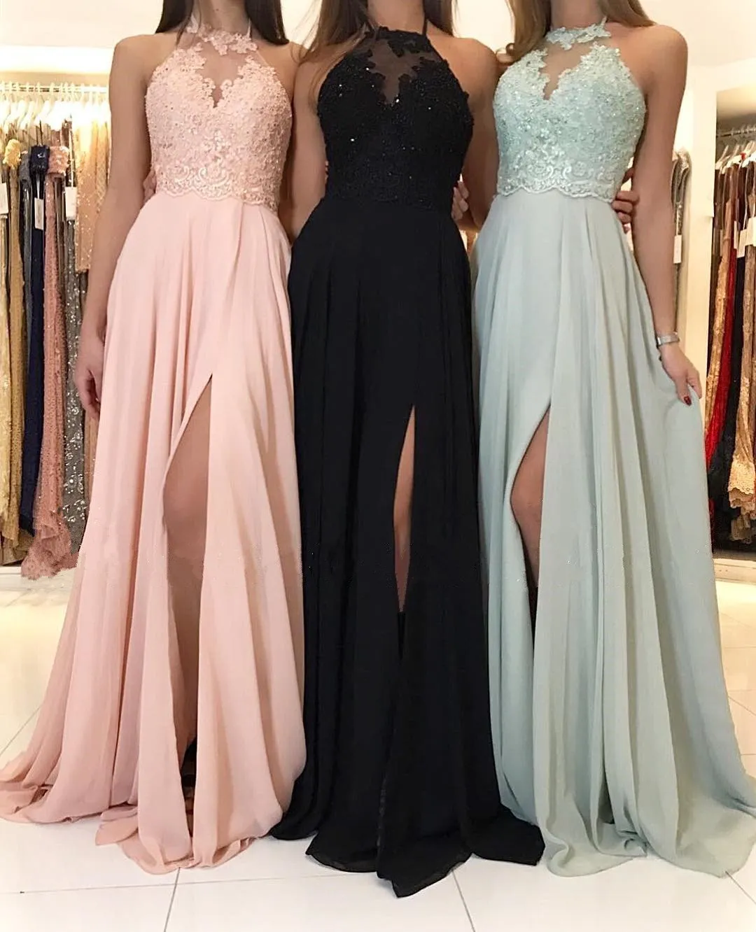 Elegant Lace Halter Long Chiffon Split Bridesmaid Dresses