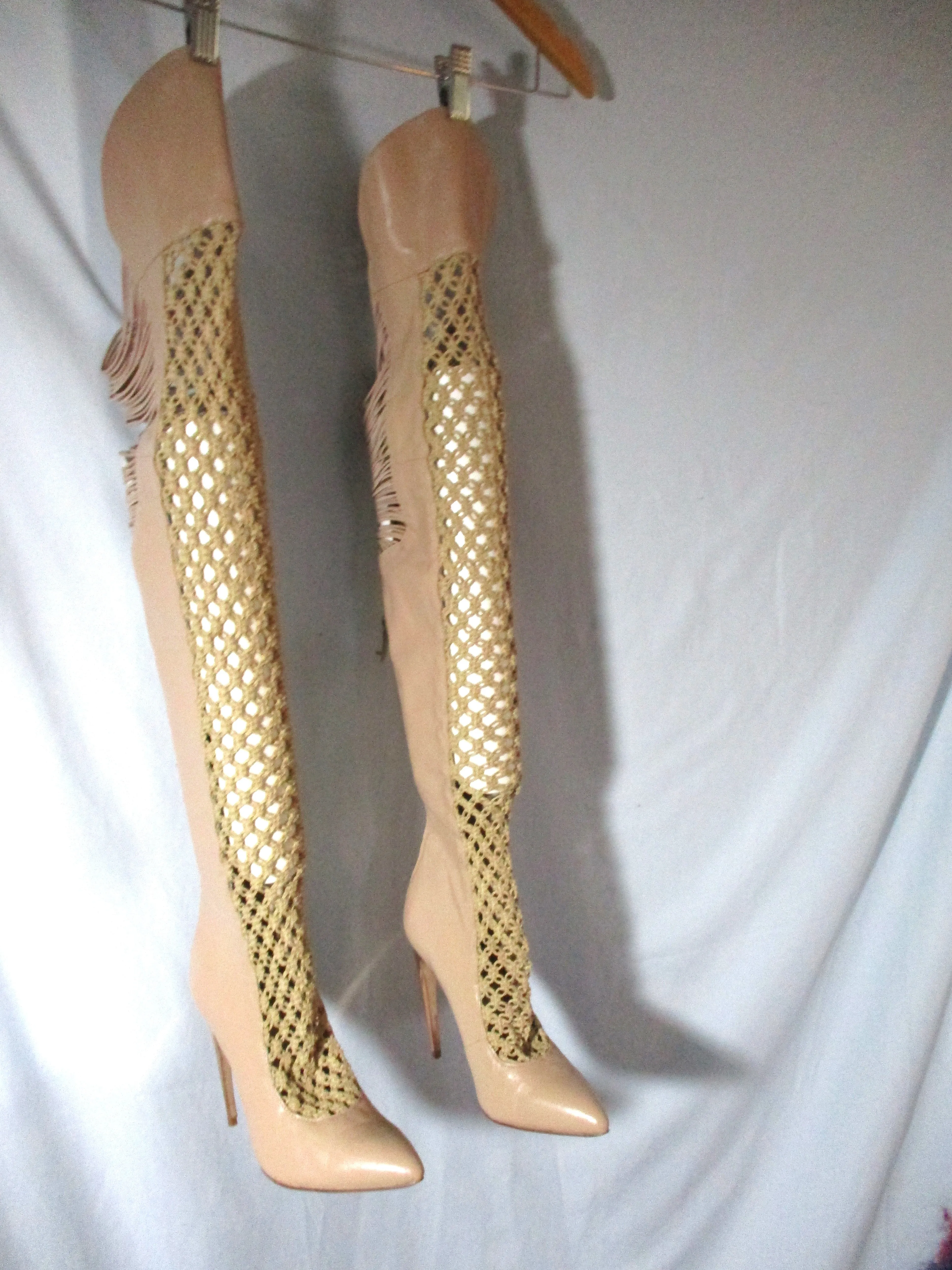 EMILY B. LEGEND Tall Thigh-High Stiletto Leather Strappy BOOTS 8.5 BEIGE GOLD