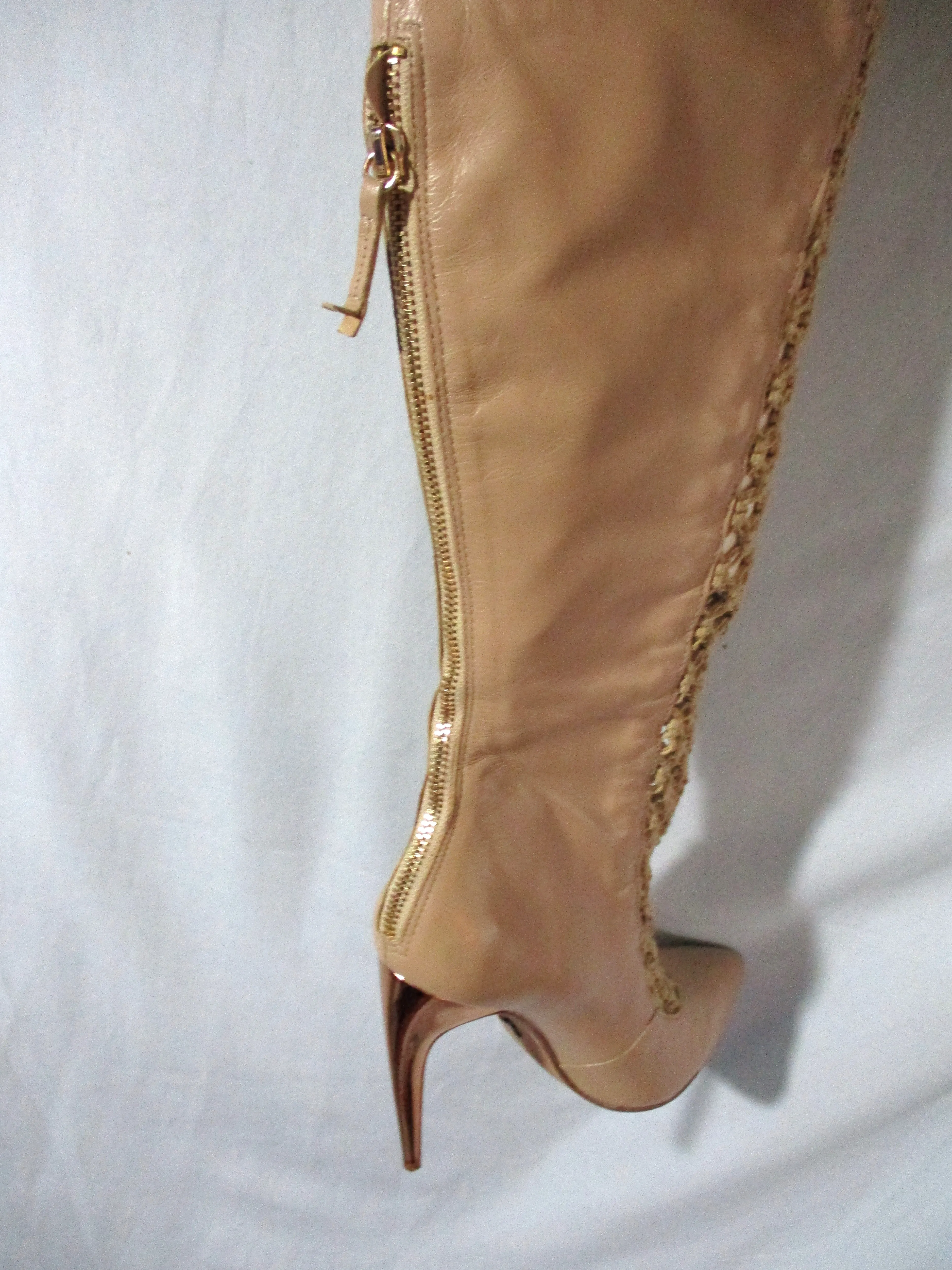 EMILY B. LEGEND Tall Thigh-High Stiletto Leather Strappy BOOTS 8.5 BEIGE GOLD