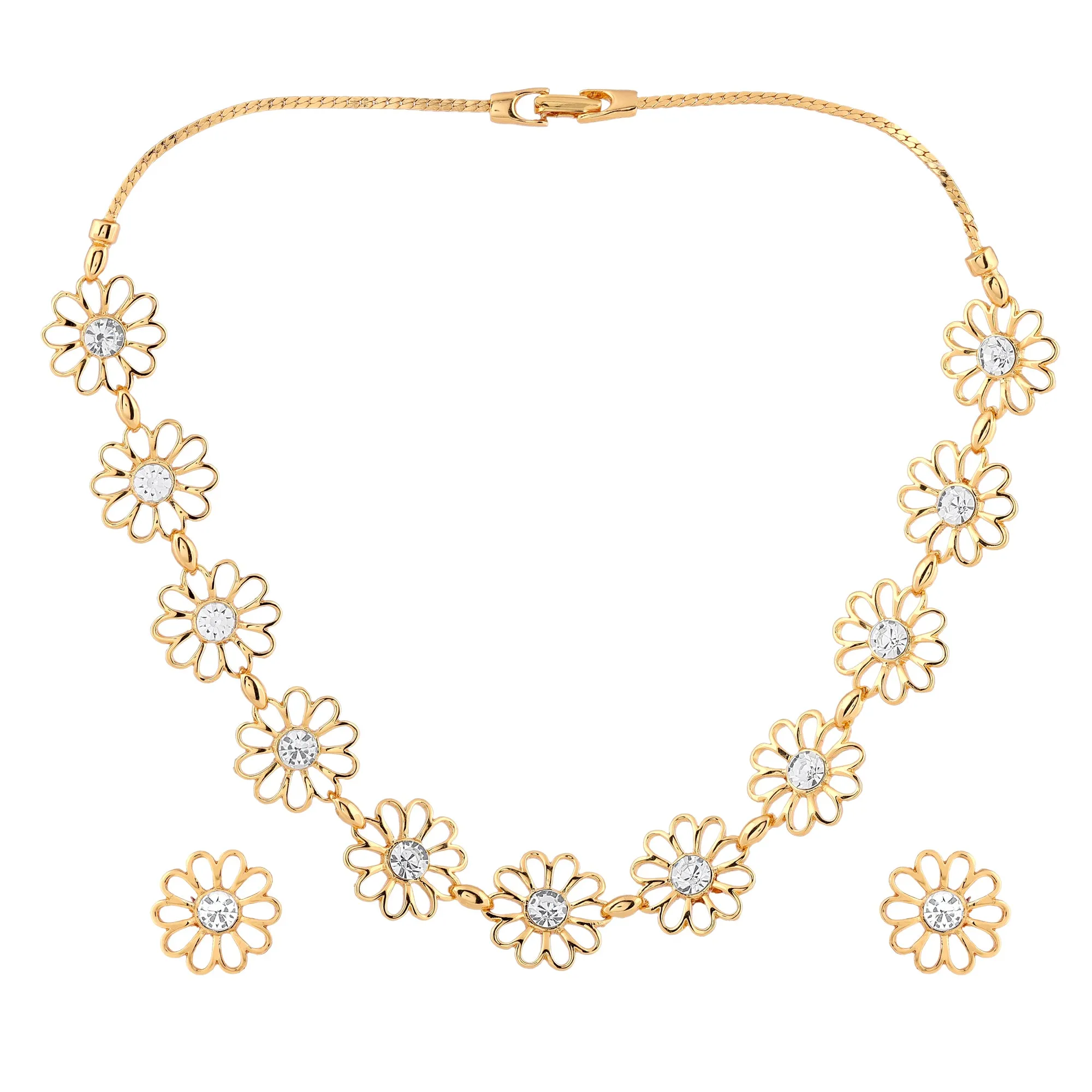 ESTELE - 24 CT GOLD PLATED Flower Diamond Necklace Set for Women