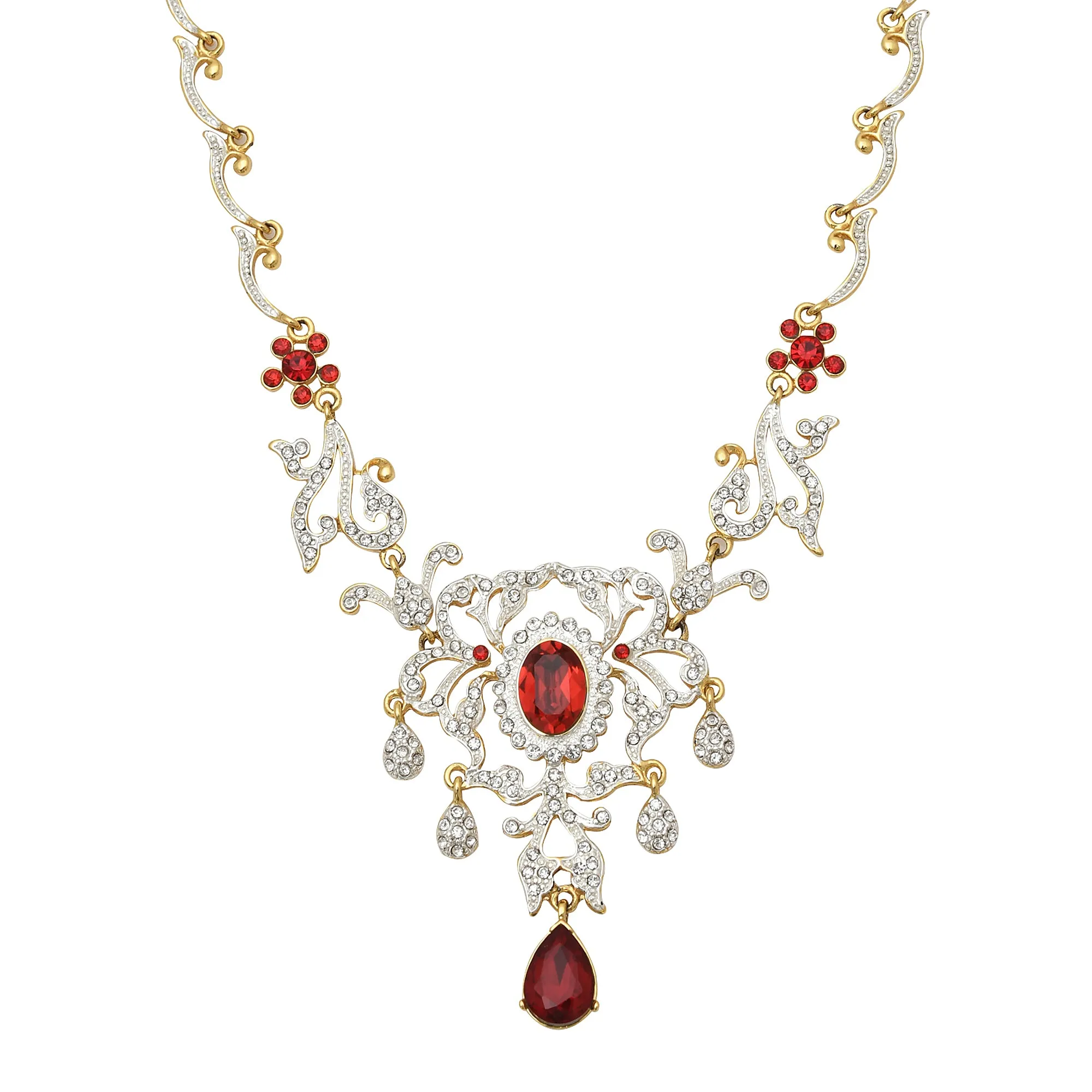 Estele - 24 KT Charming Gold and silver plated with Royal Ruby American Diamond Necklace Set for Women