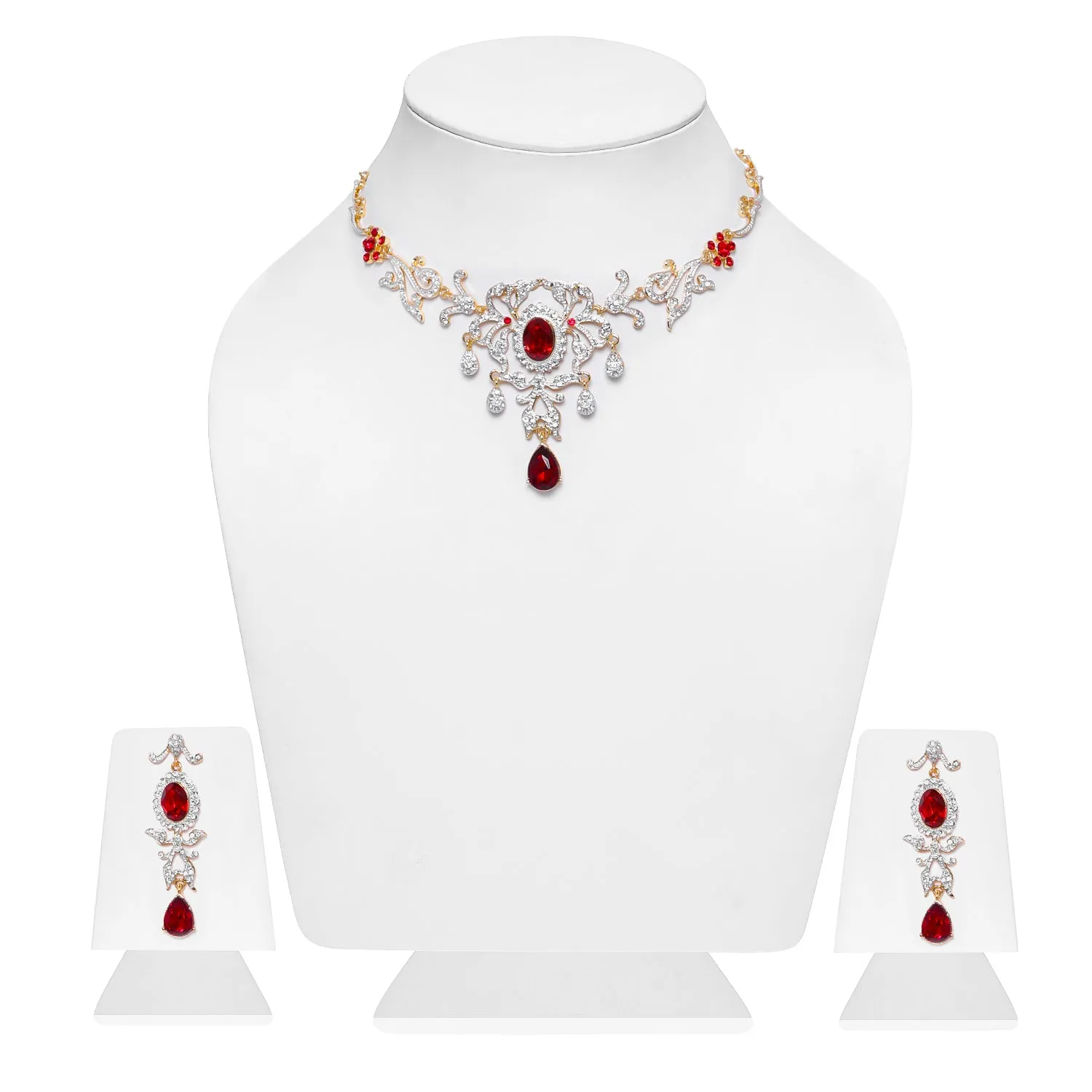 Estele - 24 KT Charming Gold and silver plated with Royal Ruby American Diamond Necklace Set for Women