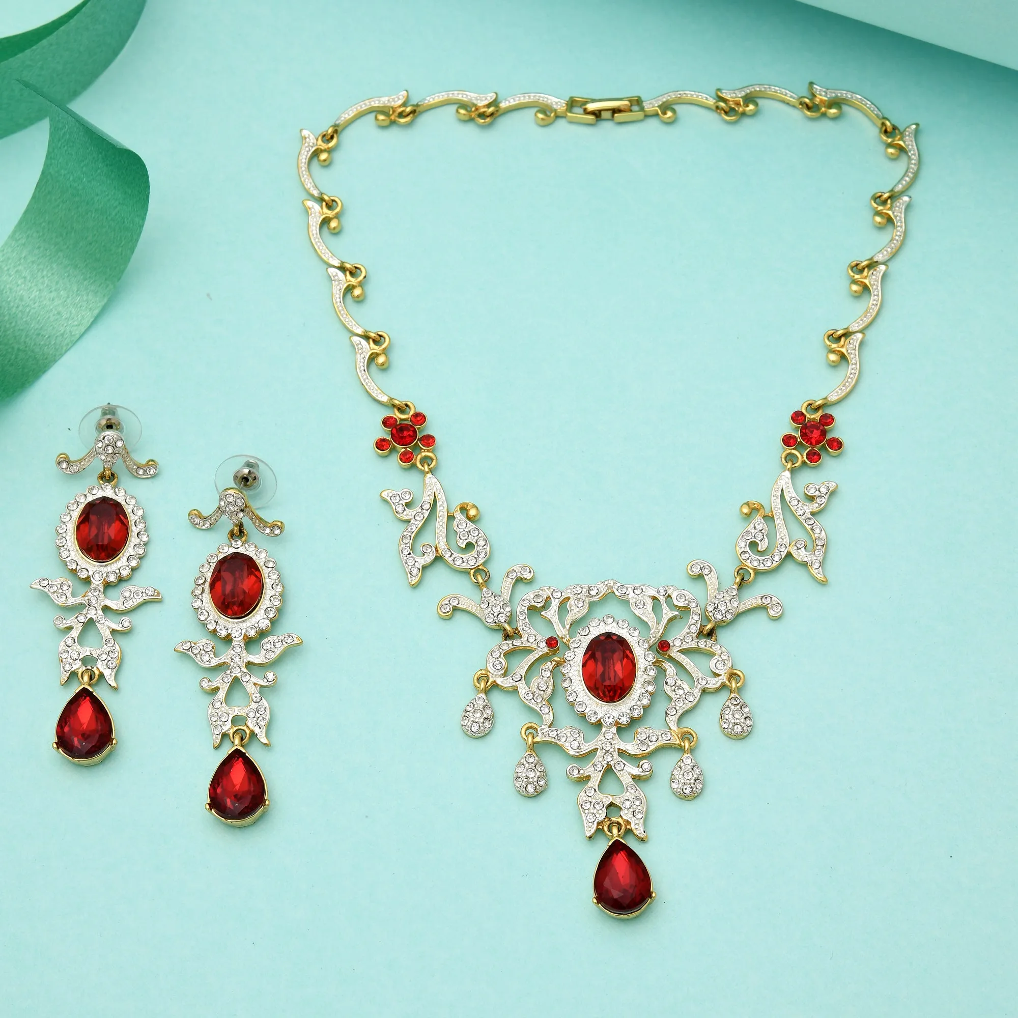 Estele - 24 KT Charming Gold and silver plated with Royal Ruby American Diamond Necklace Set for Women