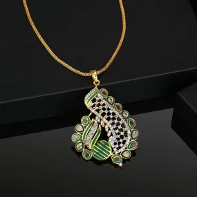 Estele 24 kt Gold Plated Floral - Green and red Enamel with Diamond Pendant