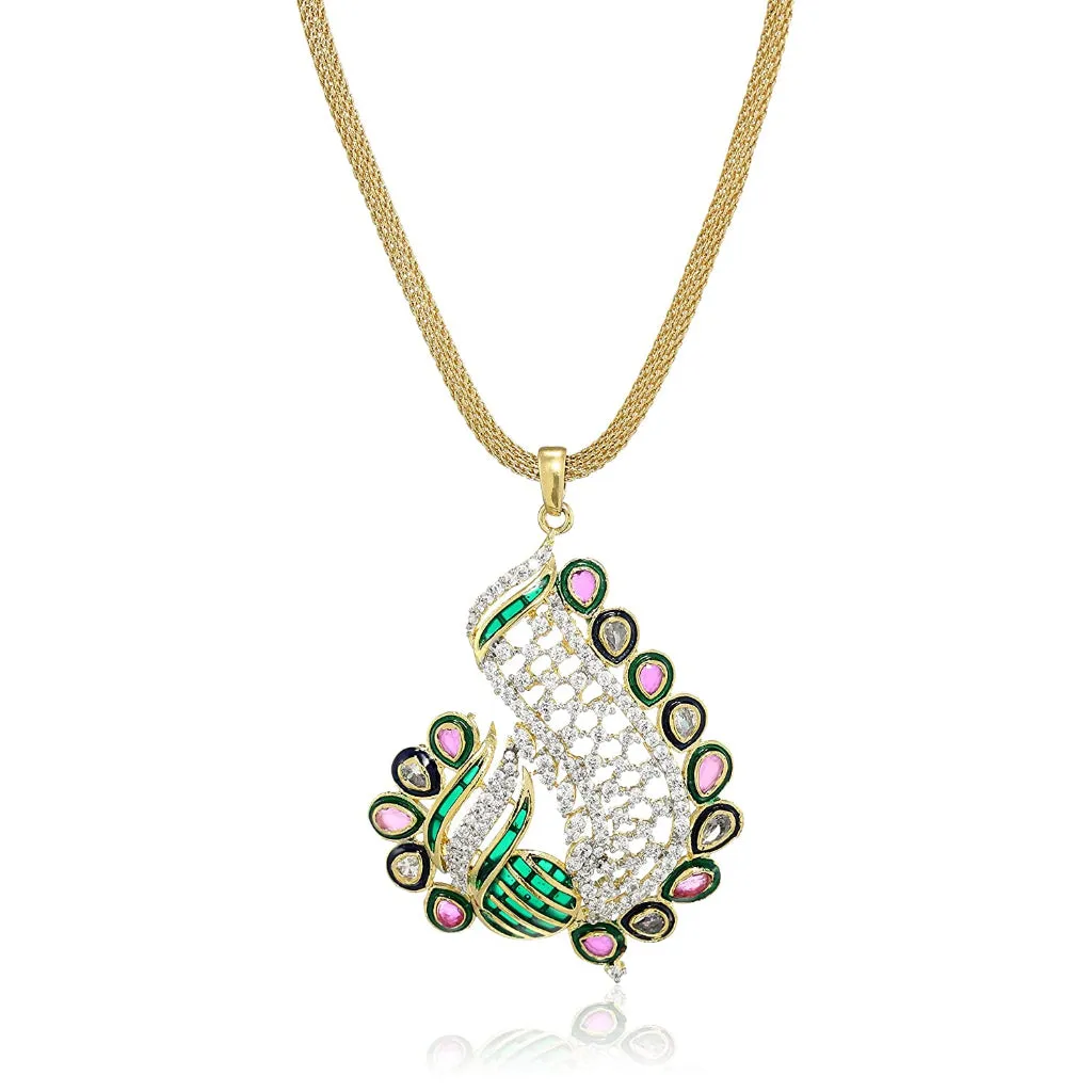 Estele 24 kt Gold Plated Floral - Green and red Enamel with Diamond Pendant